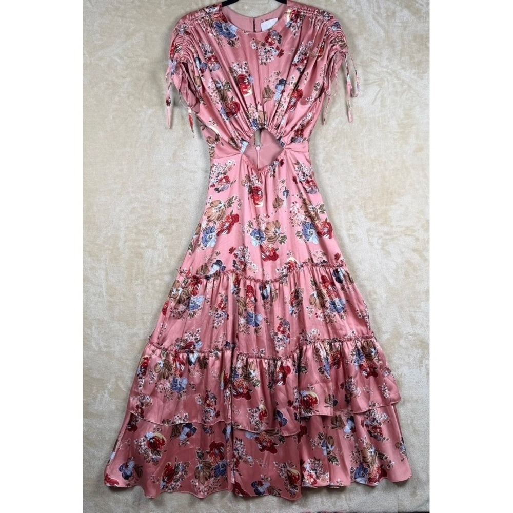 Cinq a Sept Martine Party Cocktail Maxi Dress Cutout Tiered Size 0 Ruched Sleeve